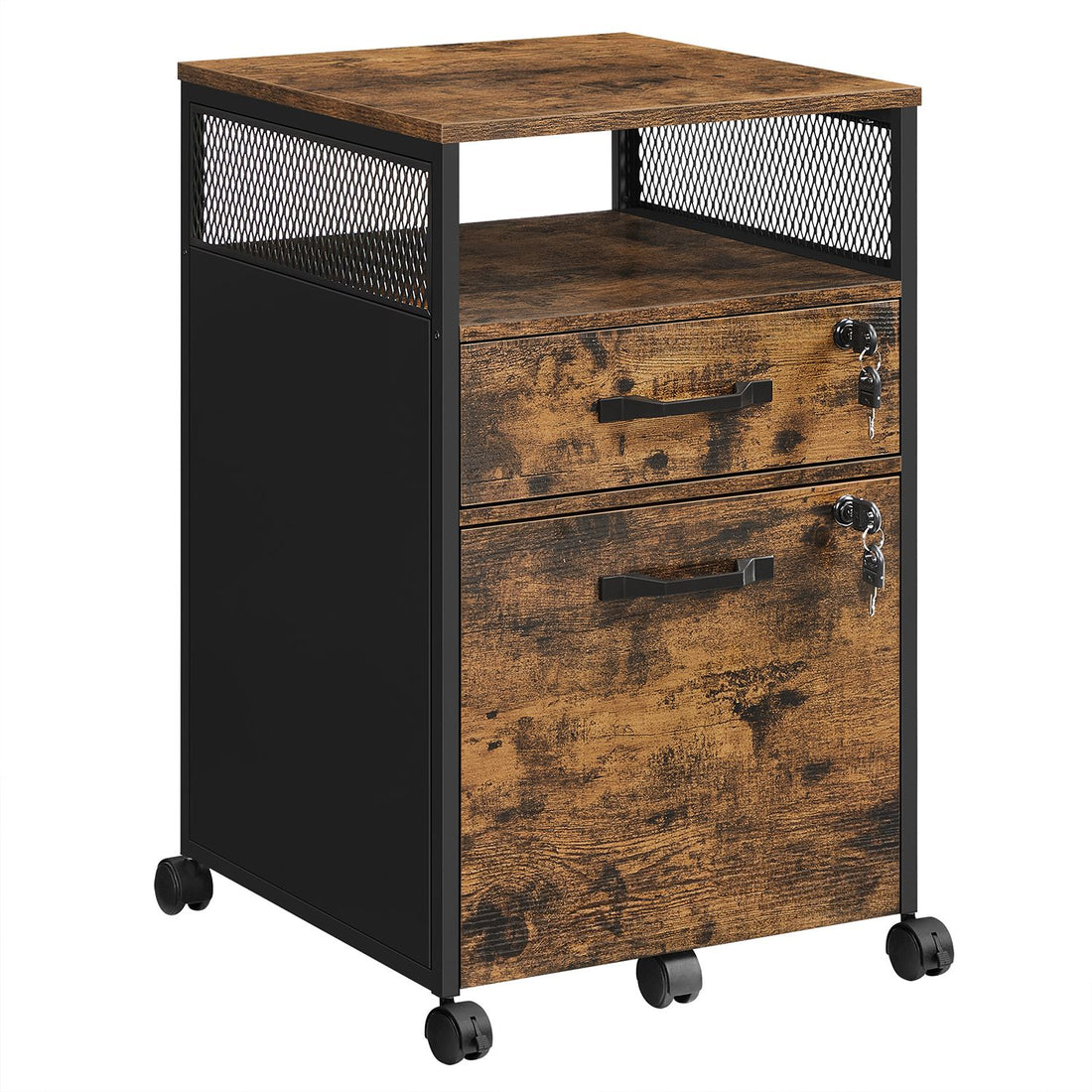 Furnstar Verrijdbare Archiefkast met 2 Afsluitbare Laden – Industrieel Design – Commode - Met slot - 44x42x69cm - Bruin/Zwart