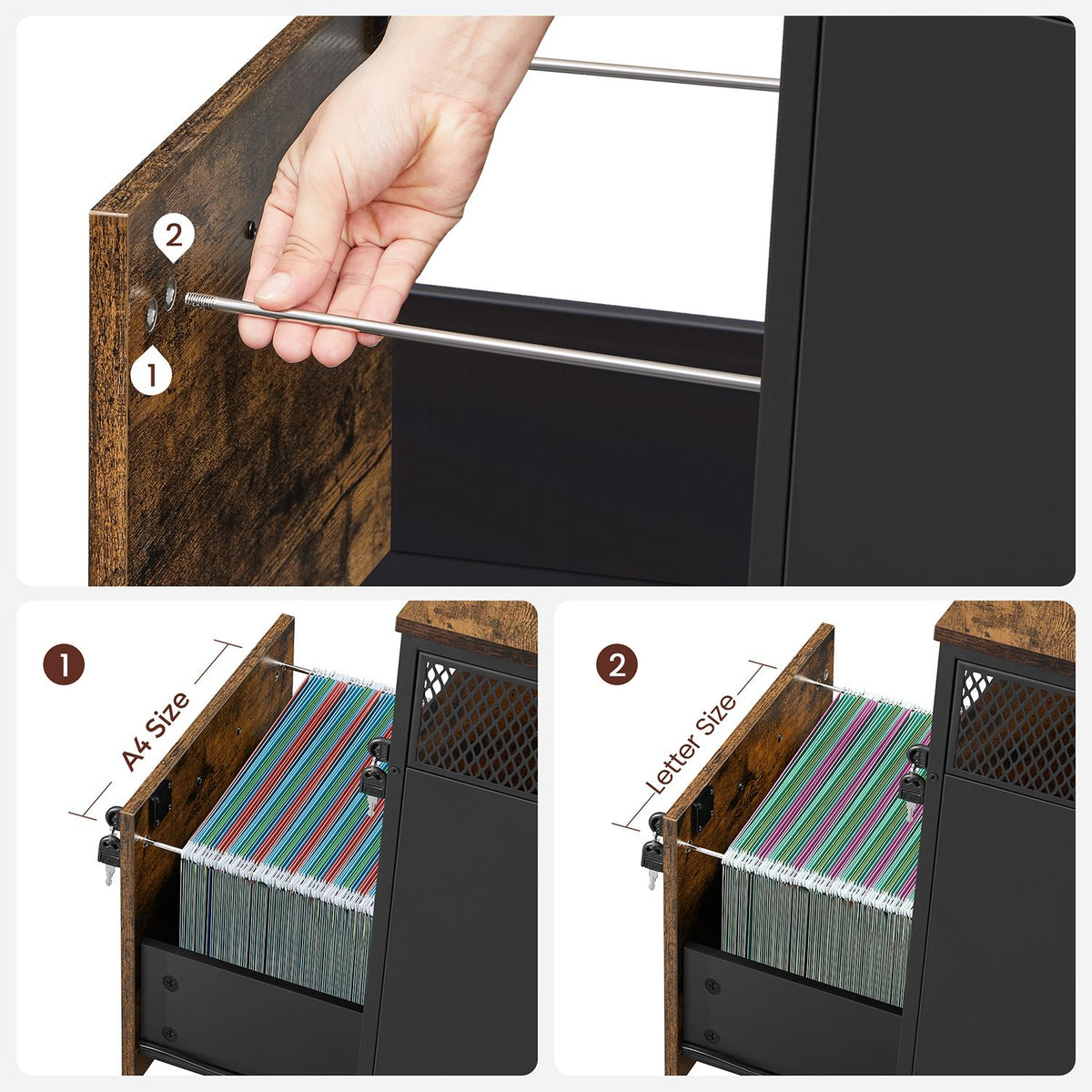 Furnstar Verrijdbare Archiefkast met 2 Afsluitbare Laden – Industrieel Design – Commode - Met slot - 44x42x69cm - Bruin/Zwart