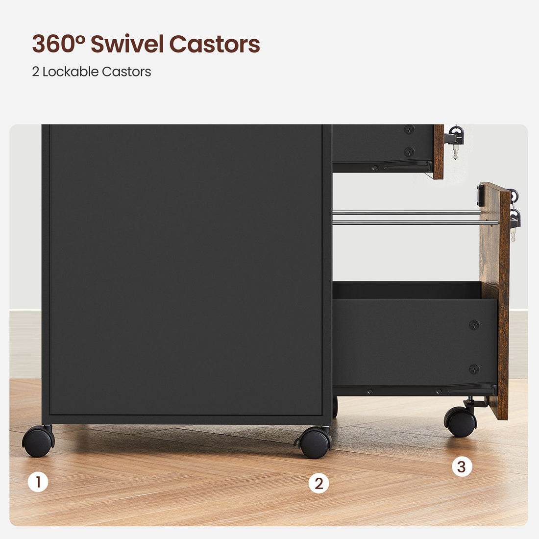 Furnstar Verrijdbare Archiefkast met 2 Afsluitbare Laden – Industrieel Design – Commode - Met slot - 44x42x69cm - Bruin/Zwart