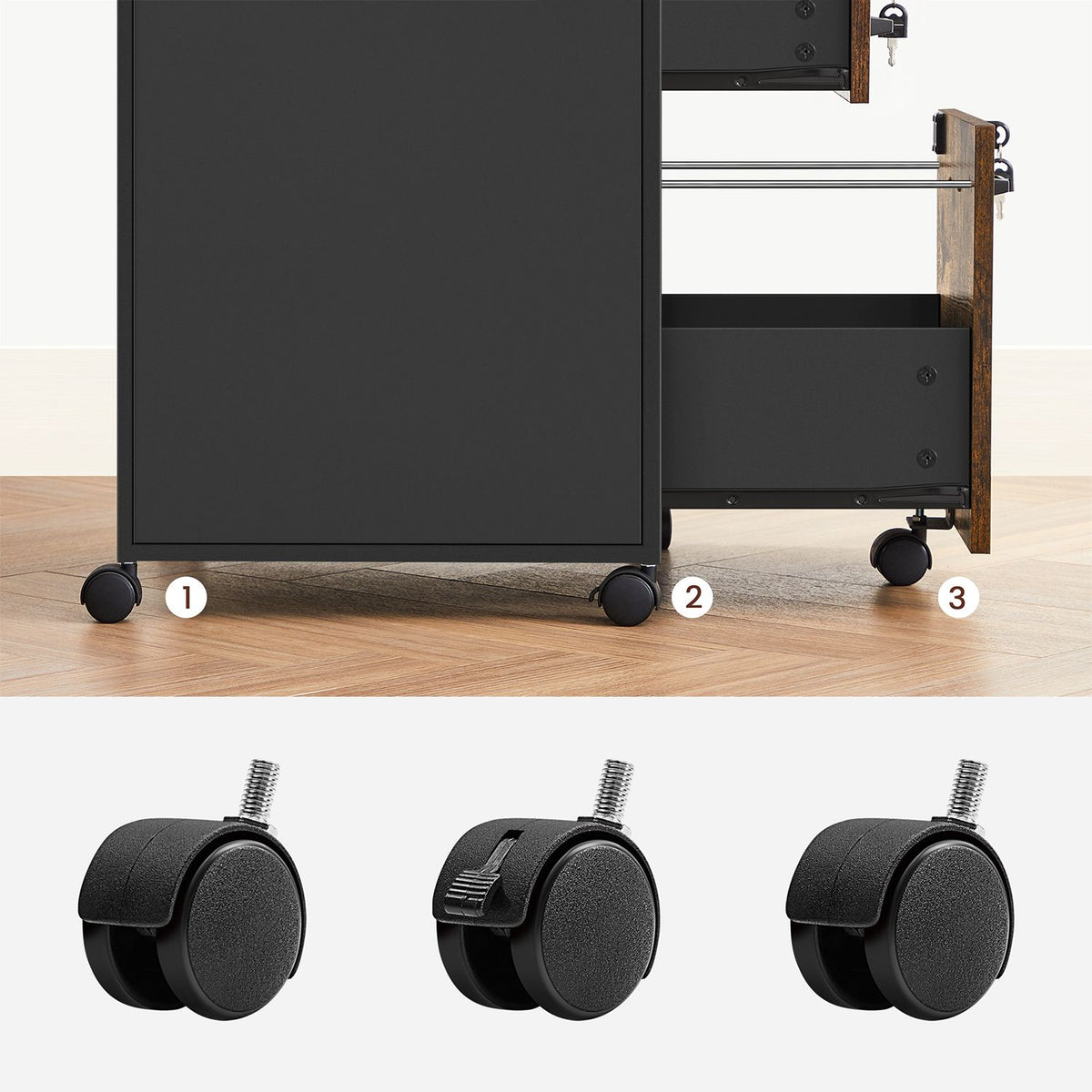 Furnstar Verrijdbare Archiefkast met 2 Afsluitbare Laden – Industrieel Design – Commode - Met slot - 44x42x69cm - Bruin/Zwart