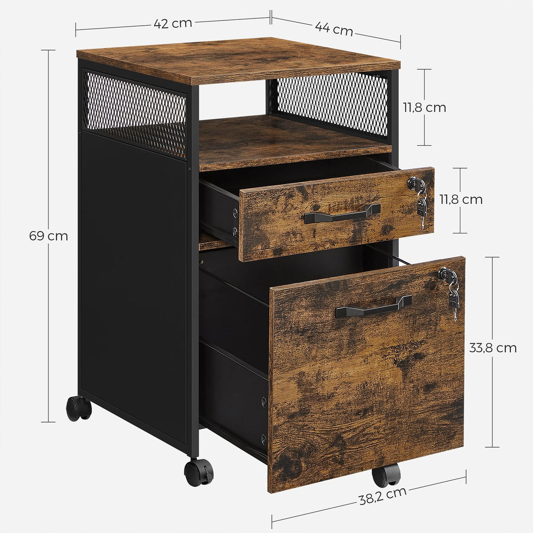 Furnstar Verrijdbare Archiefkast met 2 Afsluitbare Laden – Industrieel Design – Commode - Met slot - 44x42x69cm - Bruin/Zwart