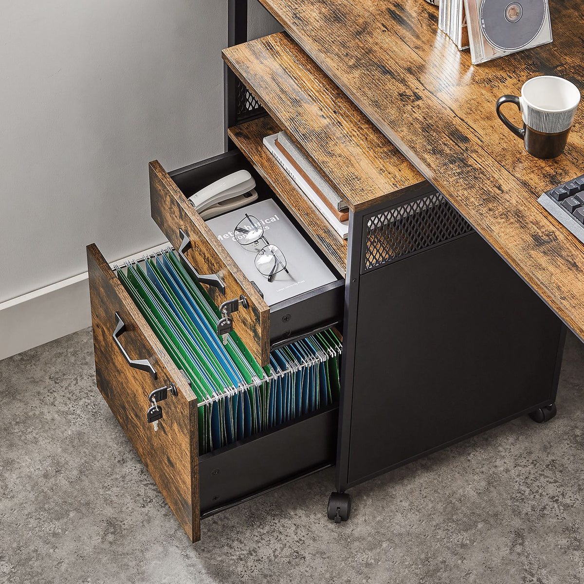 Furnstar Verrijdbare Archiefkast met 2 Afsluitbare Laden – Industrieel Design – Commode - Met slot - 44x42x69cm - Bruin/Zwart