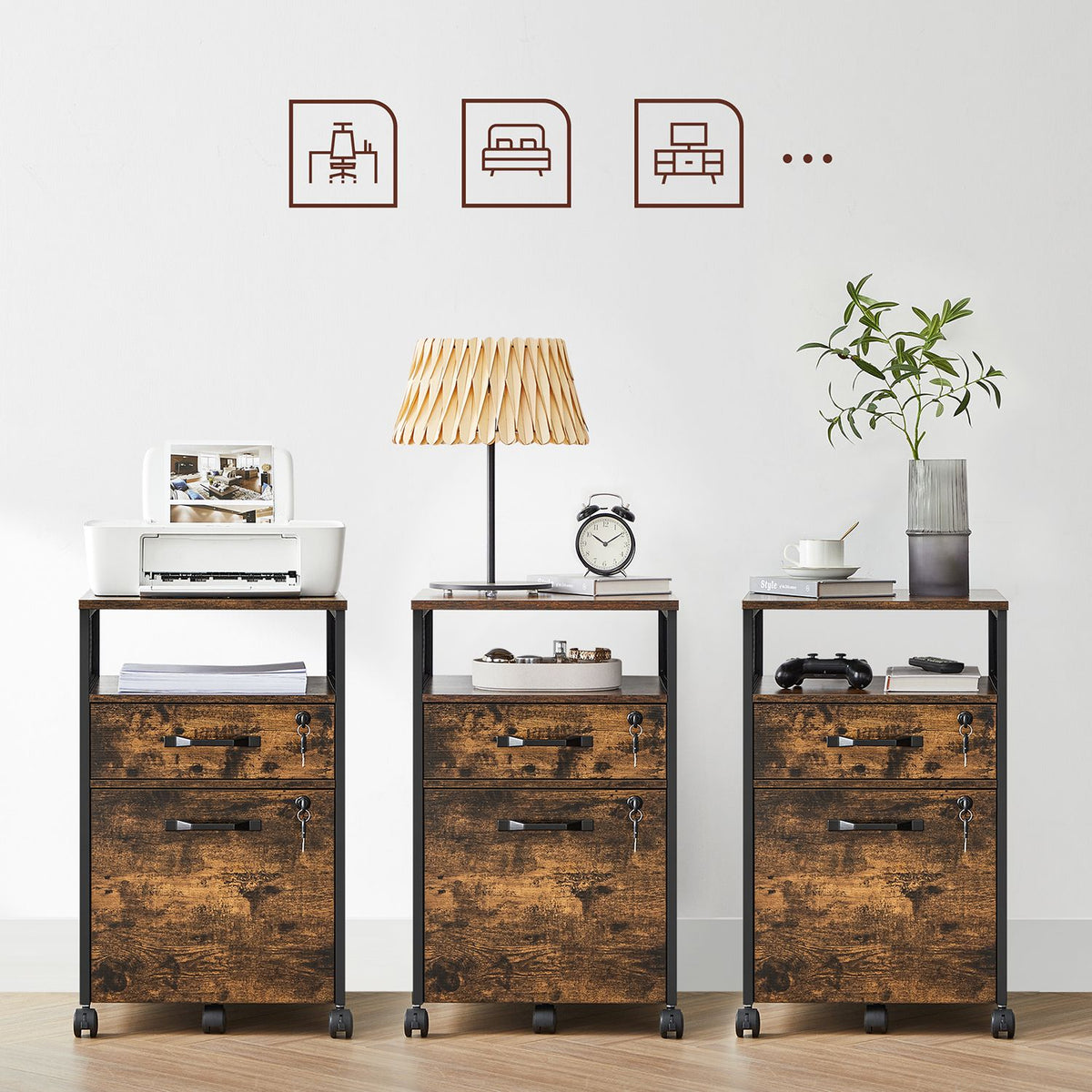 Furnstar Verrijdbare Archiefkast met 2 Afsluitbare Laden – Industrieel Design – Commode - Met slot - 44x42x69cm - Bruin/Zwart