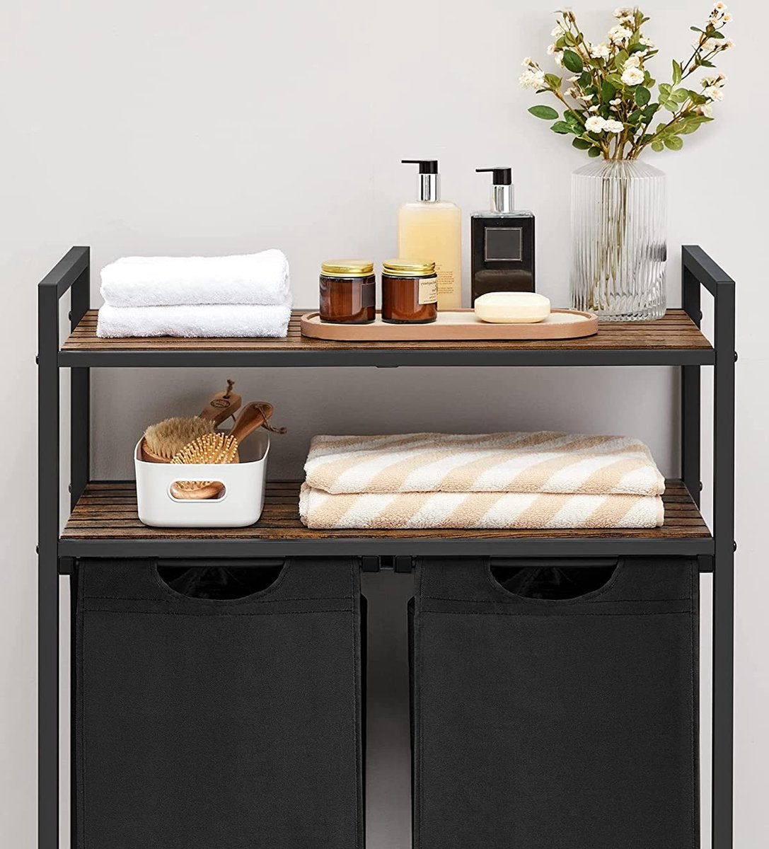 Furnstar Wasmand 92L – 2 Compartimenten – Met 2 Planken – Uitschuifbare Waszakken – Stevig Metalen Frame – Vintage Bruin/Zwart