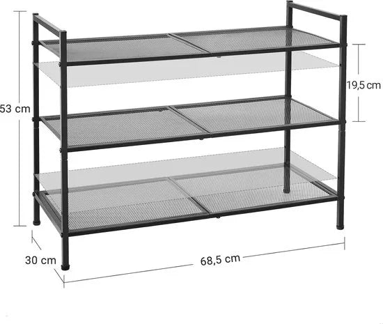 3-laags schoenenrek - stapelbare schoenenorganizer - 9-12 paar schoenen - metalen schoenenrekopslag - voor entree, woonkamer, badkamer - zwart