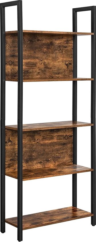 FurnStar - Boekenkast - Opbergplank - Keukenkast - 5 Niveaus - Stabiel Stalen Frame - Voor Kantoor, Entree, Woonkamer - Industriële Stijl - Rustiek Bruin en Zwart - 62 x 24 x 165 cm