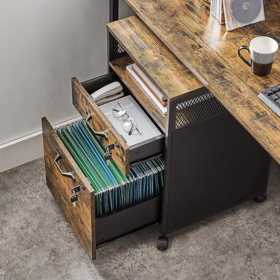 Furnstar Verrijdbare Archiefkast met 2 Afsluitbare Laden – Industrieel Design – Commode - Met slot - 44x42x69cm - Bruin/Zwart