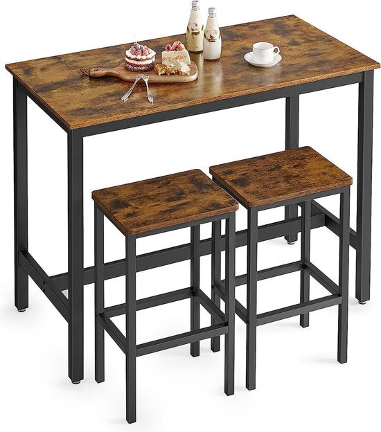 FurnStar - Bartafel Set met 2 Barkrukken – Eettafel Set – Industrieel Design – 120x60x90cm / 40x30x65cm-  Rustiek Bruin