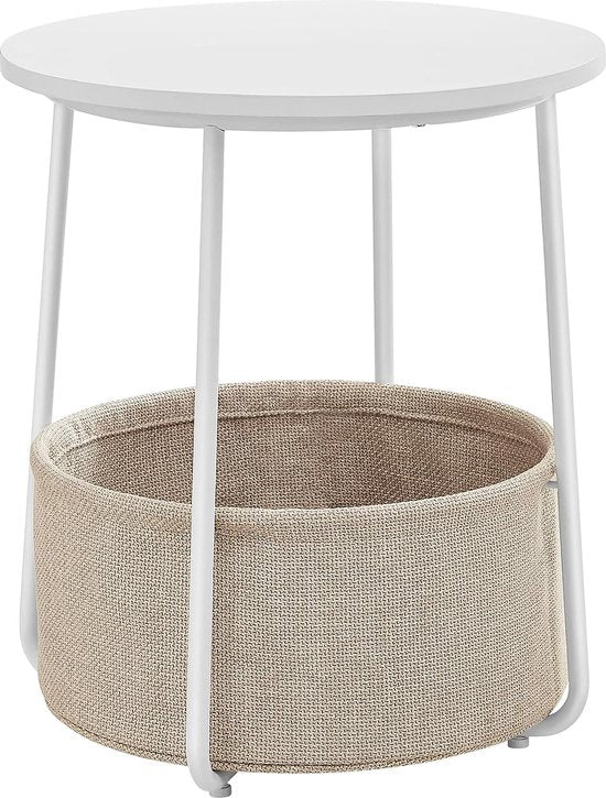 Furnstar Ronde Bijzettafel met Stoffen Opbergmand - Moderne Salontafel - Nachtkastje voor Woonkamer en Slaapkamer 45×45×51cm