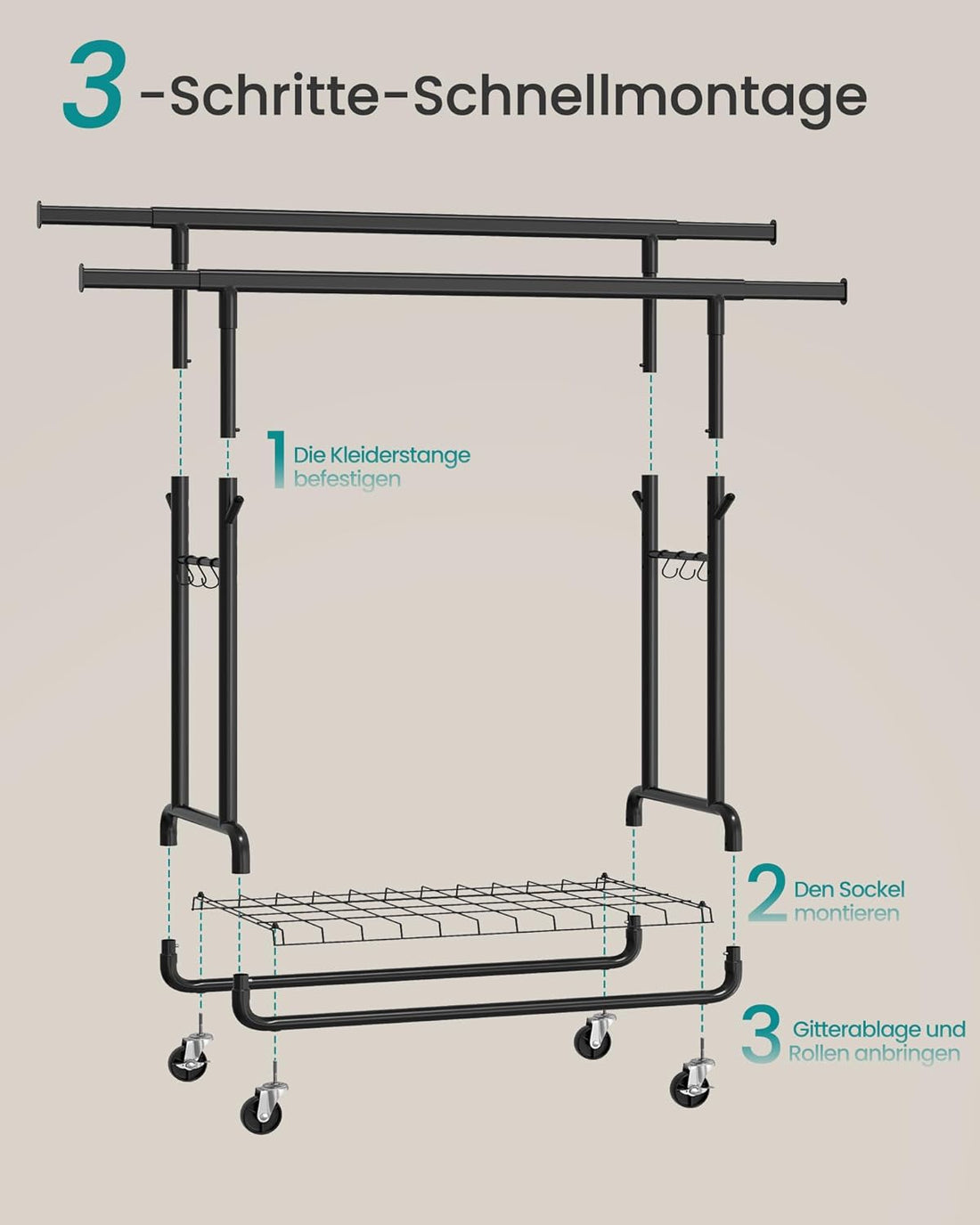FurnStar – Heavy-Duty Kledingrek op Wielen – Dubbele Kledingstang – Verstelbare Hoogte – Met Plank en Haken– 52,5 x (107–149,8) x (144,2–164,2) cm – Draagvermogen 270 kg