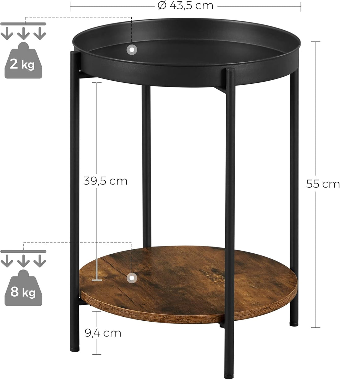 FurnStar bijzettafel vintage - Zwart & Houten Koffietafel - Salontafel - Decoratie Tafel - Voor Woonkamer, Slaapkamer of Kantoor - 43.5 x 55 CM