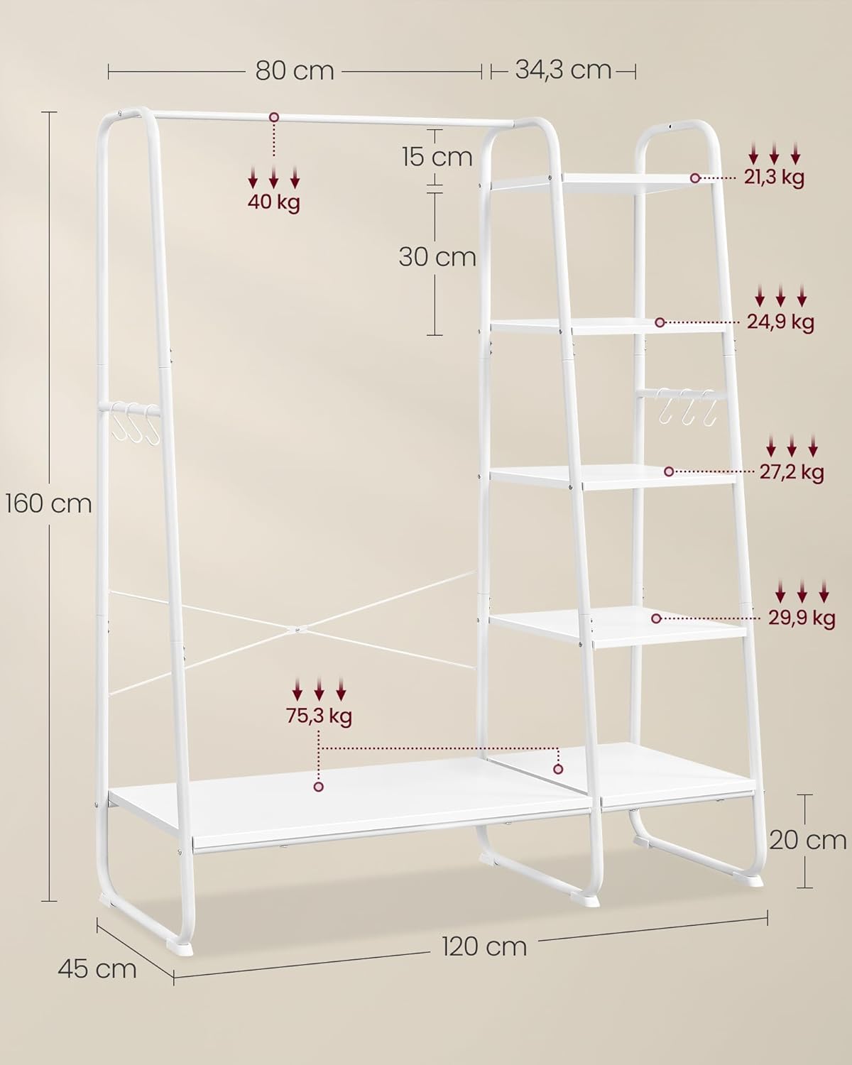 FurnStar Kledingrek met Kapstok – Open Kledingkast – 5 Planken – 6 S-haken – Kledingroede – Schoenenrek – 45 x 120 x 160 cm – Voor Slaapkamer & Hal