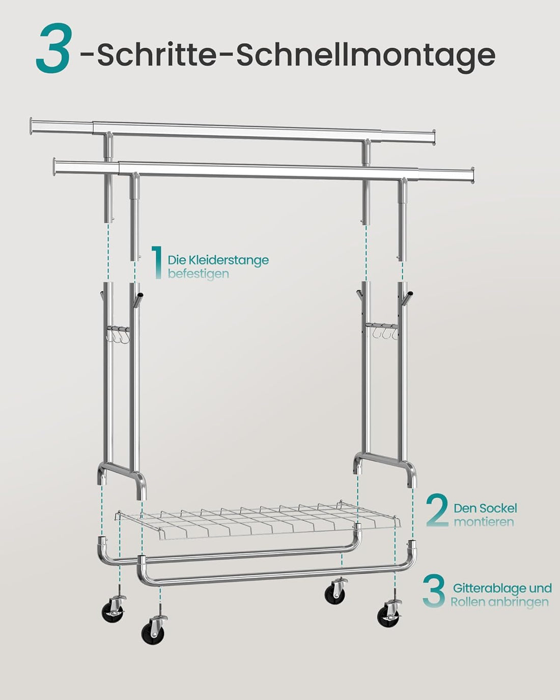 FurnStar – Heavy-Duty Kledingrek op Wielen – Dubbele Kledingstang – Verstelbare Hoogte – Met Plank en Haken– 52,5 x (107–149,8) x (144,2–164,2) cm – Draagvermogen 270 kg