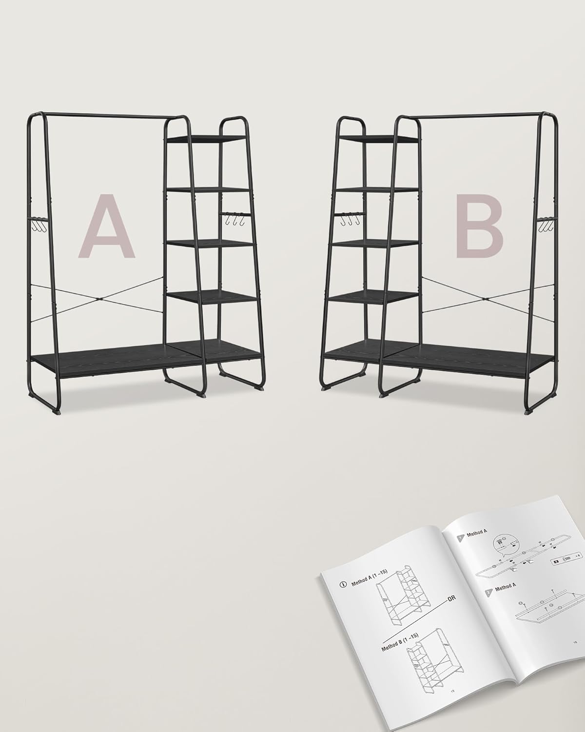 FurnStar Kledingrek met Kapstok – Open Kledingkast – 5 Planken – 6 S-haken – Kledingroede – Schoenenrek – 45 x 120 x 160 cm – Voor Slaapkamer & Hal
