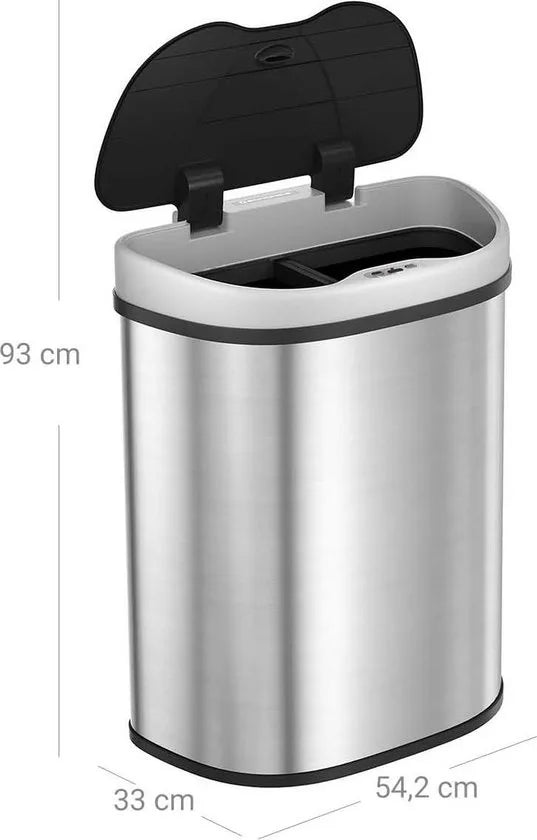 70L vuilnisbak met sensor, auVuilnisbak met Sensor, 70L (2 x 35L) Afvalscheidingssysteem, Automatische RVS Prullenbak met 2 Compartimenten, Contactloos, Voor in de Keuken, Zilver
