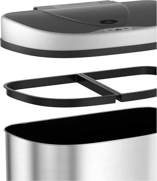 70L vuilnisbak met sensor, auVuilnisbak met Sensor, 70L (2 x 35L) Afvalscheidingssysteem, Automatische RVS Prullenbak met 2 Compartimenten, Contactloos, Voor in de Keuken, Zilver