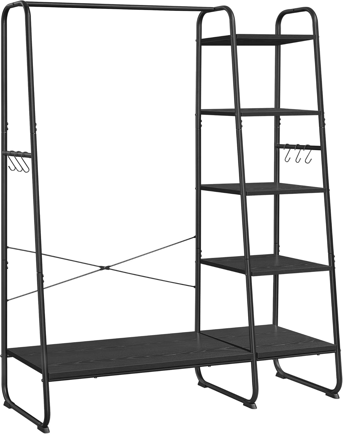 FurnStar Kledingrek met Kapstok – Open Kledingkast – 5 Planken – 6 S-haken – Kledingroede – Schoenenrek – 45 x 120 x 160 cm – Voor Slaapkamer & Hal