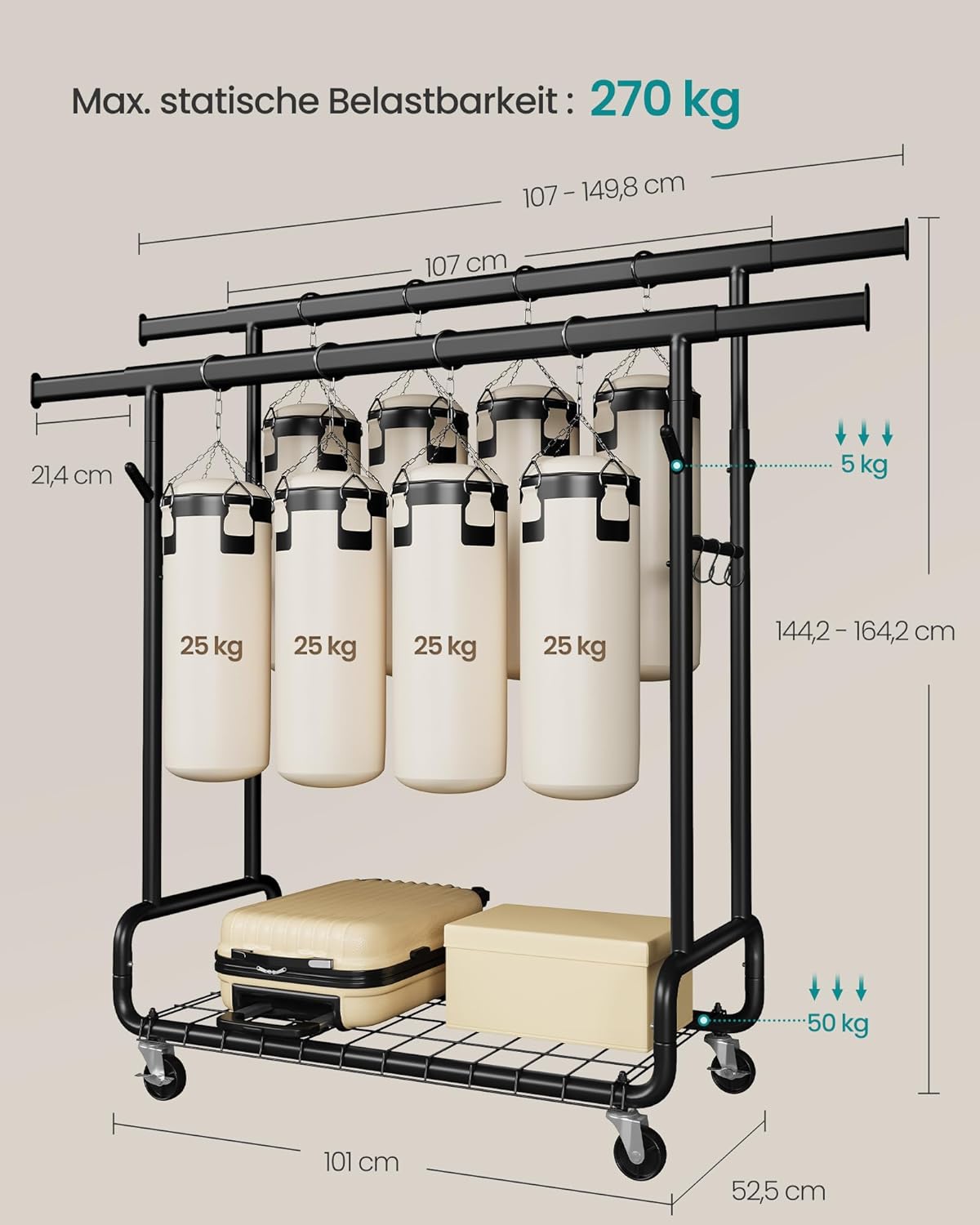 FurnStar – Heavy-Duty Kledingrek op Wielen – Dubbele Kledingstang – Verstelbare Hoogte – Met Plank en Haken– 52,5 x (107–149,8) x (144,2–164,2) cm – Draagvermogen 270 kg