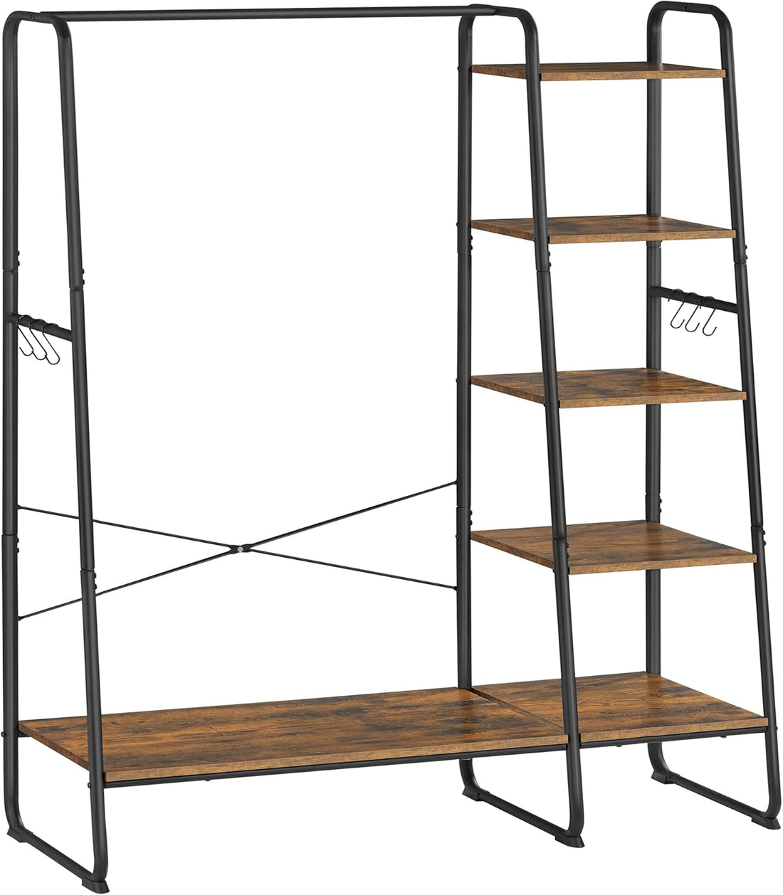 FurnStar Kledingrek met Kapstok – Open Kledingkast – 5 Planken – 6 S-haken – Kledingroede – Schoenenrek – 45 x 120 x 160 cm – Voor Slaapkamer & Hal
