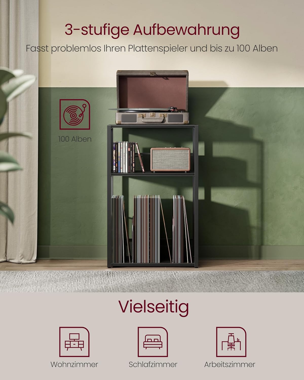 Furnstar Platenspeler Standaard – 3 Etages – Bijzettafel & Opbergrek voor Vinylplaten – Tot 100 LP’s – Voor Woonkamer of Slaapkamer