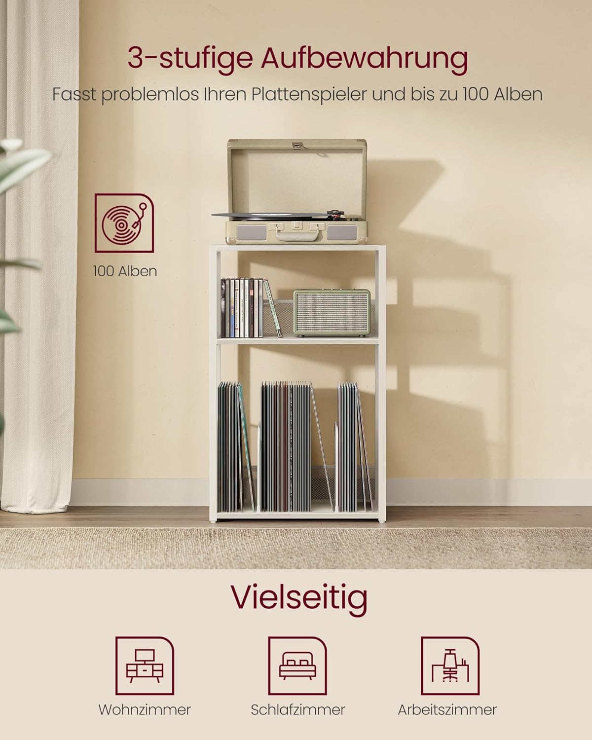 Furnstar Platenspeler Standaard – 3 Etages – Bijzettafel & Opbergrek voor Vinylplaten – Tot 100 LP’s – Voor Woonkamer of Slaapkamer