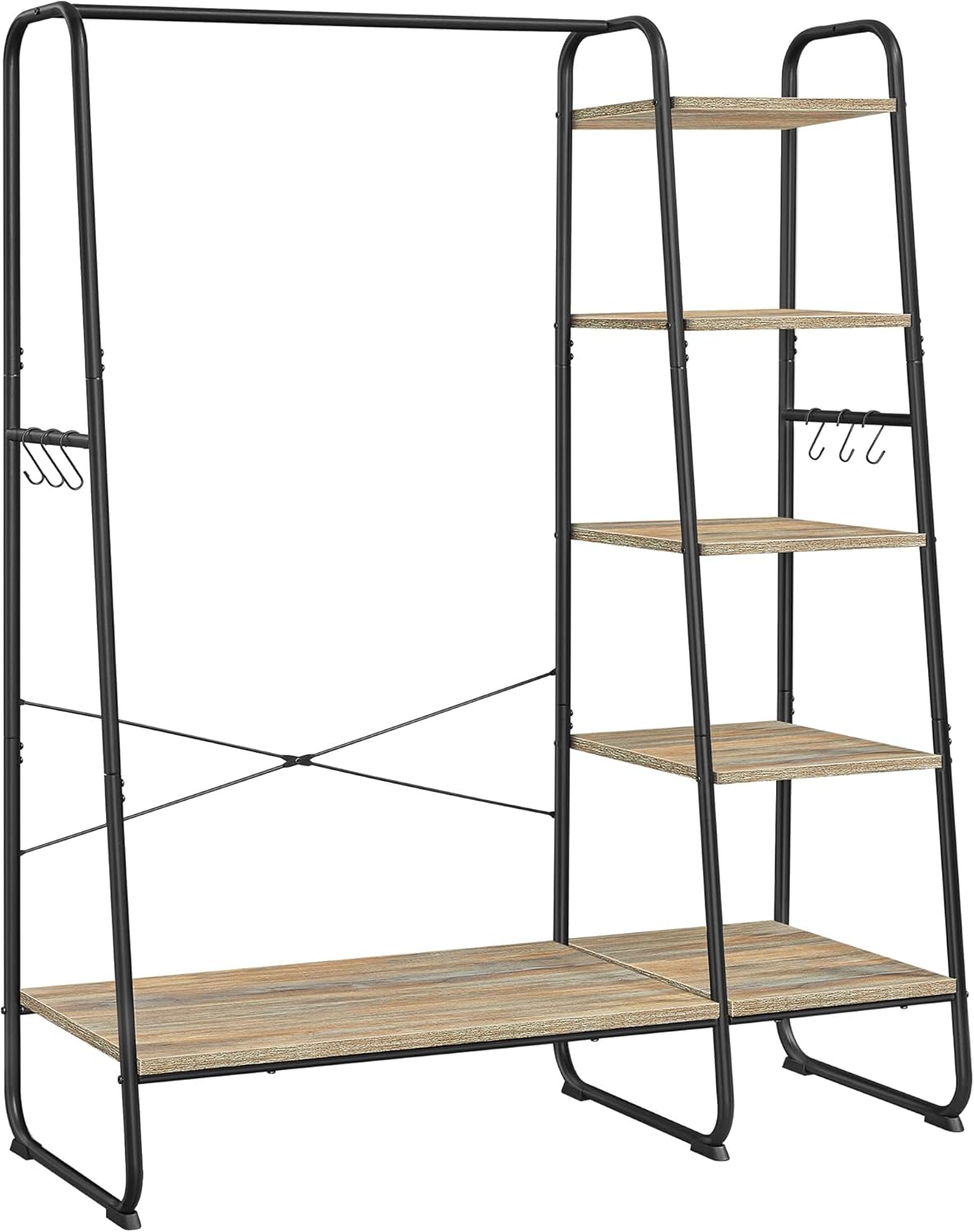 FurnStar Kledingrek met Kapstok – Open Kledingkast – 5 Planken – 6 S-haken – Kledingroede – Schoenenrek – 45 x 120 x 160 cm – Voor Slaapkamer & Hal