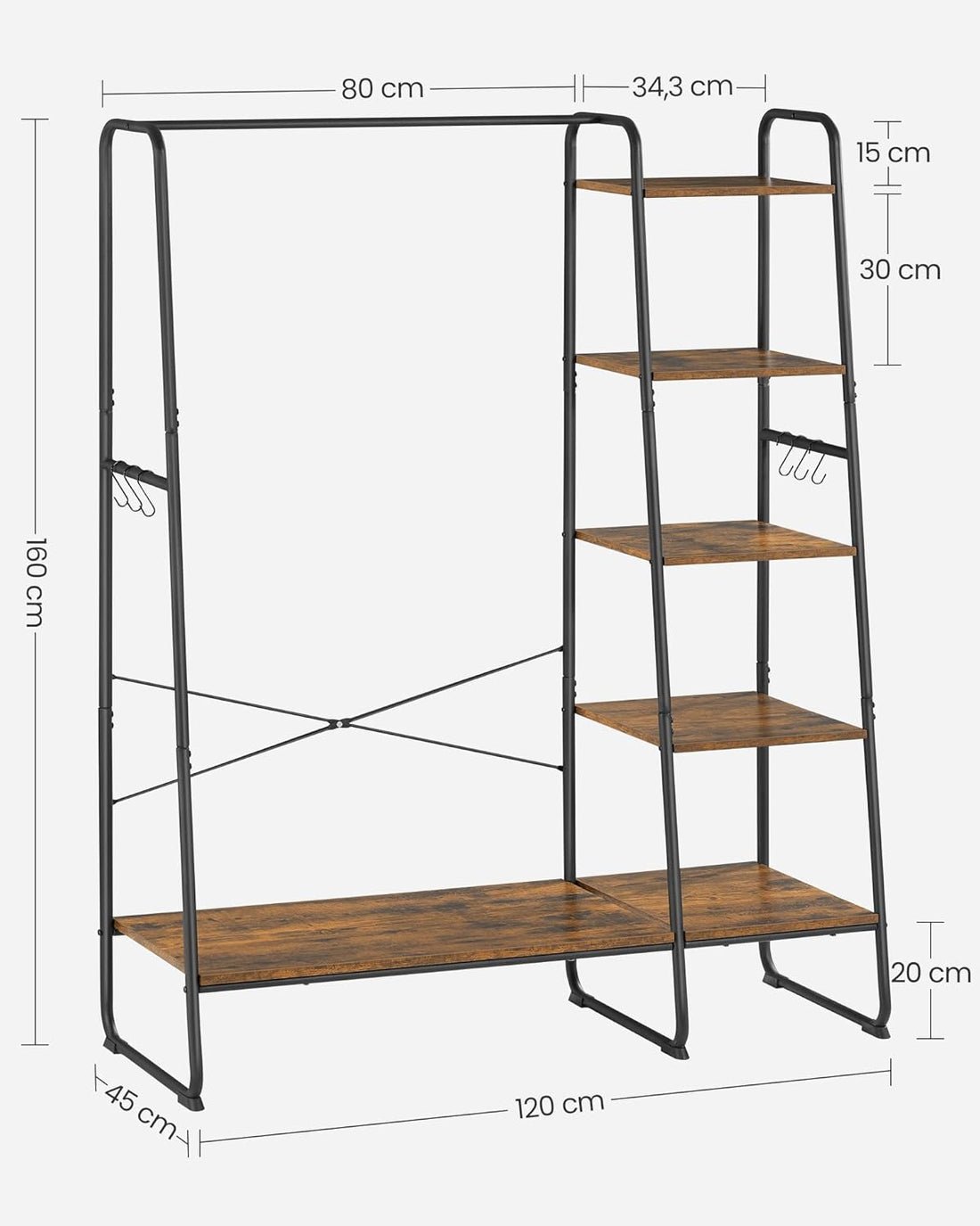 FurnStar Kledingrek met Kapstok – Open Kledingkast – 5 Planken – 6 S-haken – Kledingroede – Schoenenrek – 45 x 120 x 160 cm – Voor Slaapkamer & Hal
