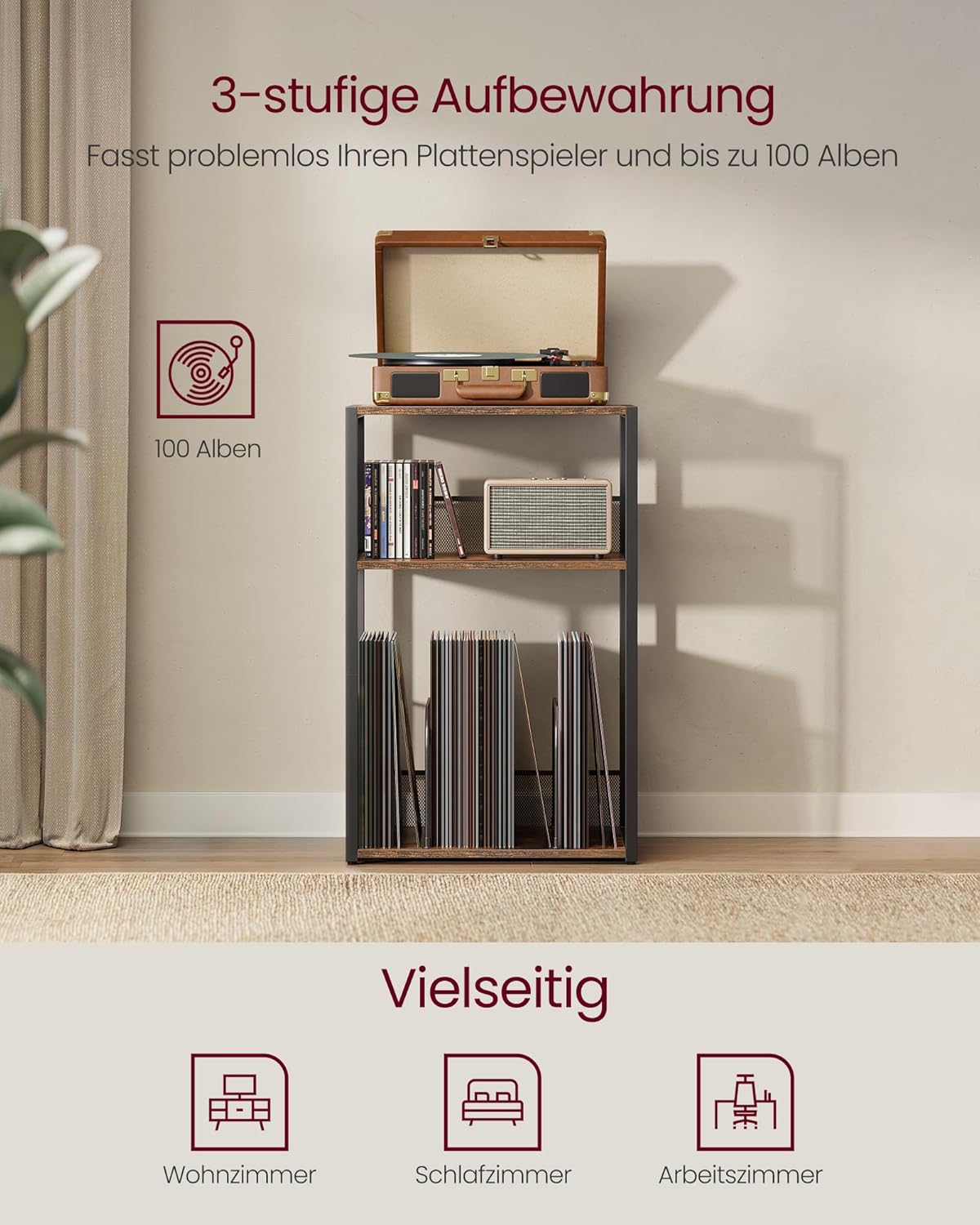 Furnstar Platenspeler Standaard – 3 Etages – Bijzettafel & Opbergrek voor Vinylplaten – Tot 100 LP’s – Voor Woonkamer of Slaapkamer
