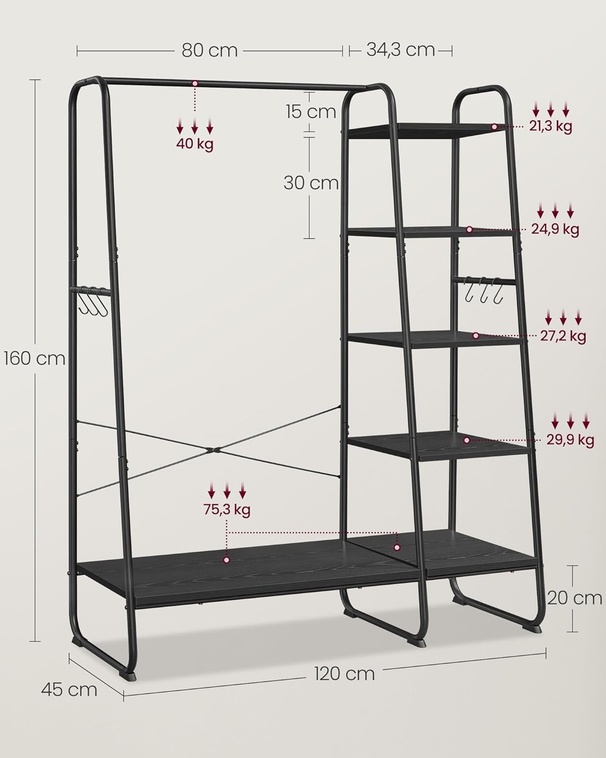 FurnStar Kledingrek met Kapstok – Open Kledingkast – 5 Planken – 6 S-haken – Kledingroede – Schoenenrek – 45 x 120 x 160 cm – Voor Slaapkamer & Hal