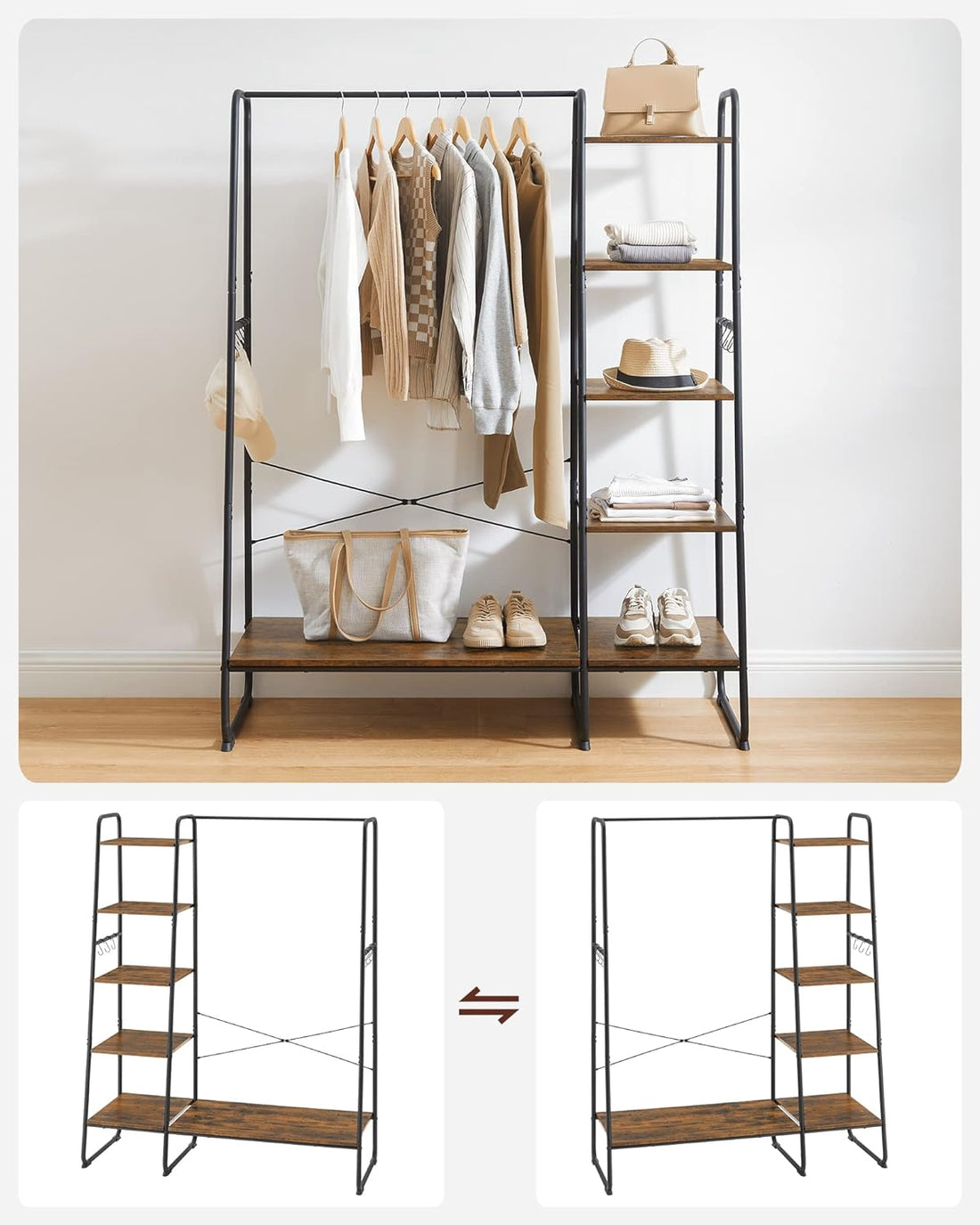 FurnStar Kledingrek met Kapstok – Open Kledingkast – 5 Planken – 6 S-haken – Kledingroede – Schoenenrek – 45 x 120 x 160 cm – Voor Slaapkamer & Hal