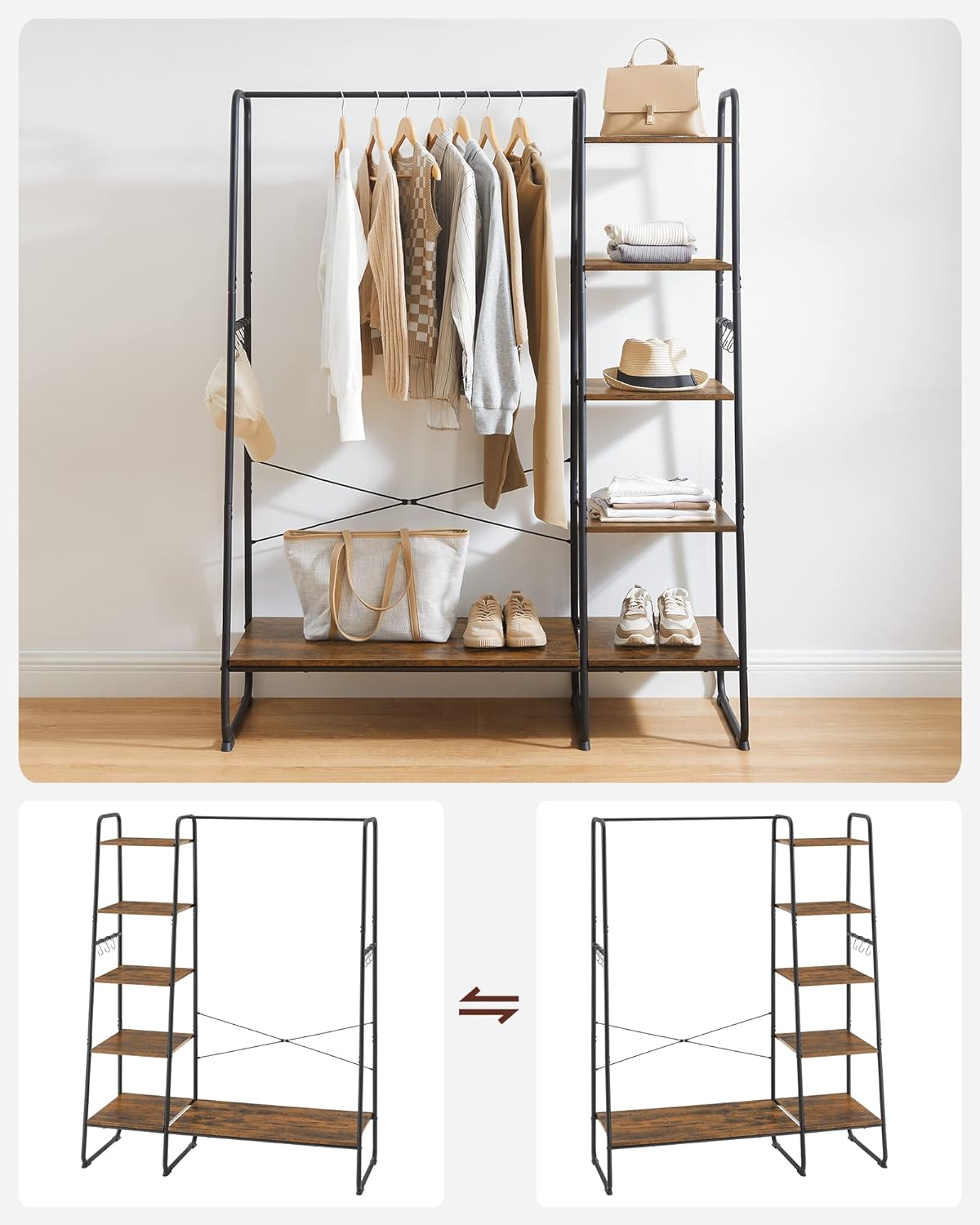 FurnStar Kledingrek met Kapstok – Open Kledingkast – 5 Planken – 6 S-haken – Kledingroede – Schoenenrek – 45 x 120 x 160 cm – Voor Slaapkamer & Hal