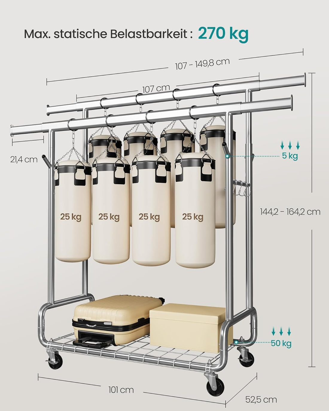 FurnStar – Heavy-Duty Kledingrek op Wielen – Dubbele Kledingstang – Verstelbare Hoogte – Met Plank en Haken– 52,5 x (107–149,8) x (144,2–164,2) cm – Draagvermogen 270 kg