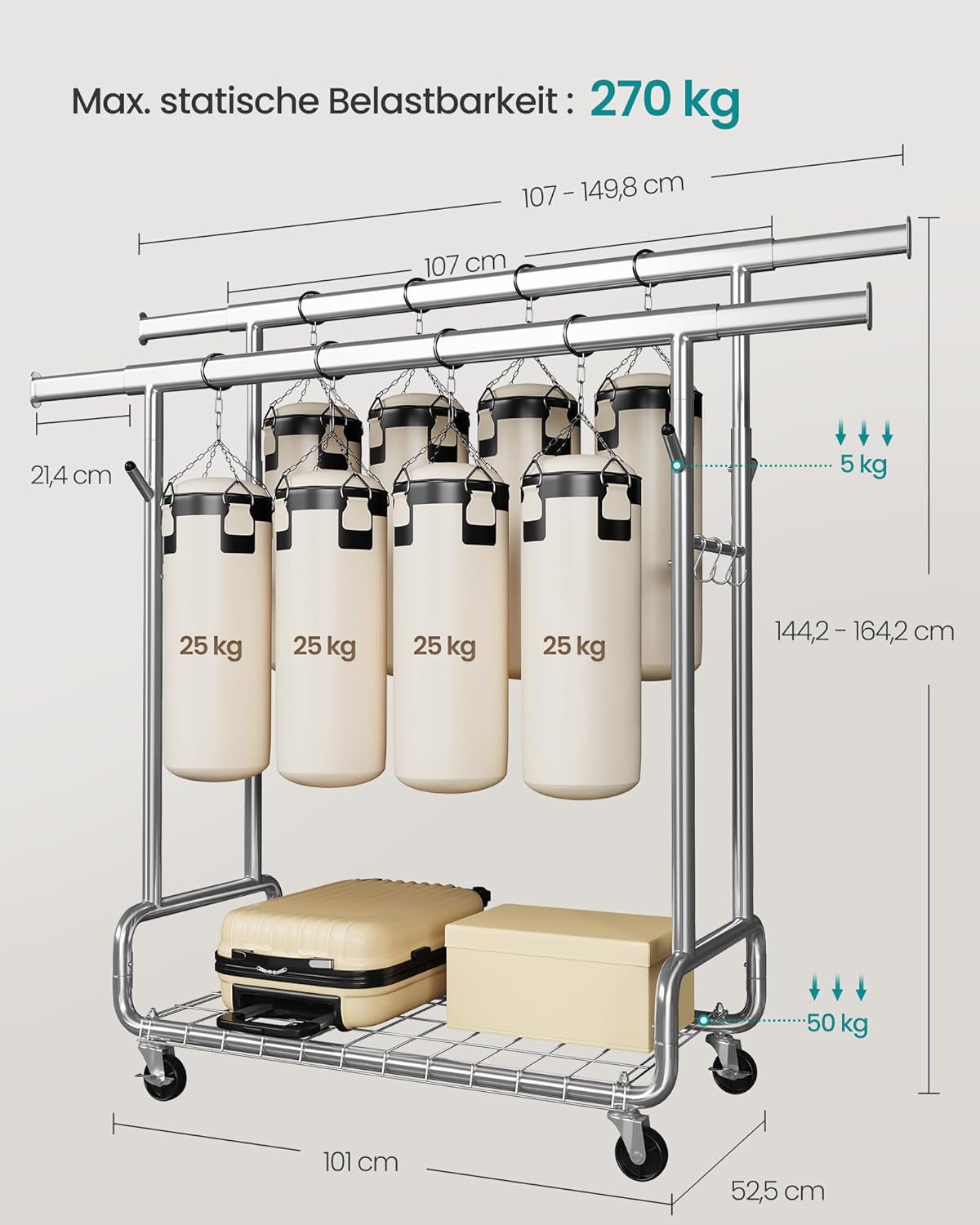 FurnStar – Heavy-Duty Kledingrek op Wielen – Dubbele Kledingstang – Verstelbare Hoogte – Met Plank en Haken– 52,5 x (107–149,8) x (144,2–164,2) cm – Draagvermogen 270 kg