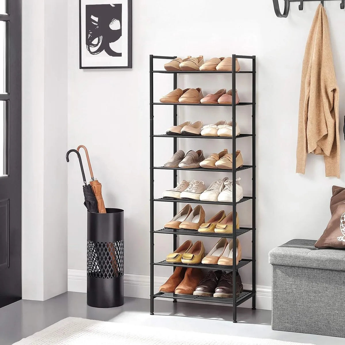 8-laags slank schoenenrek - opbergorganizer standaard - 16-24 paar schoenen - ruimtebesparend met grote capaciteit - verticale metalen plank - 44,6 x 30,5 x 128,5 cm - zwart