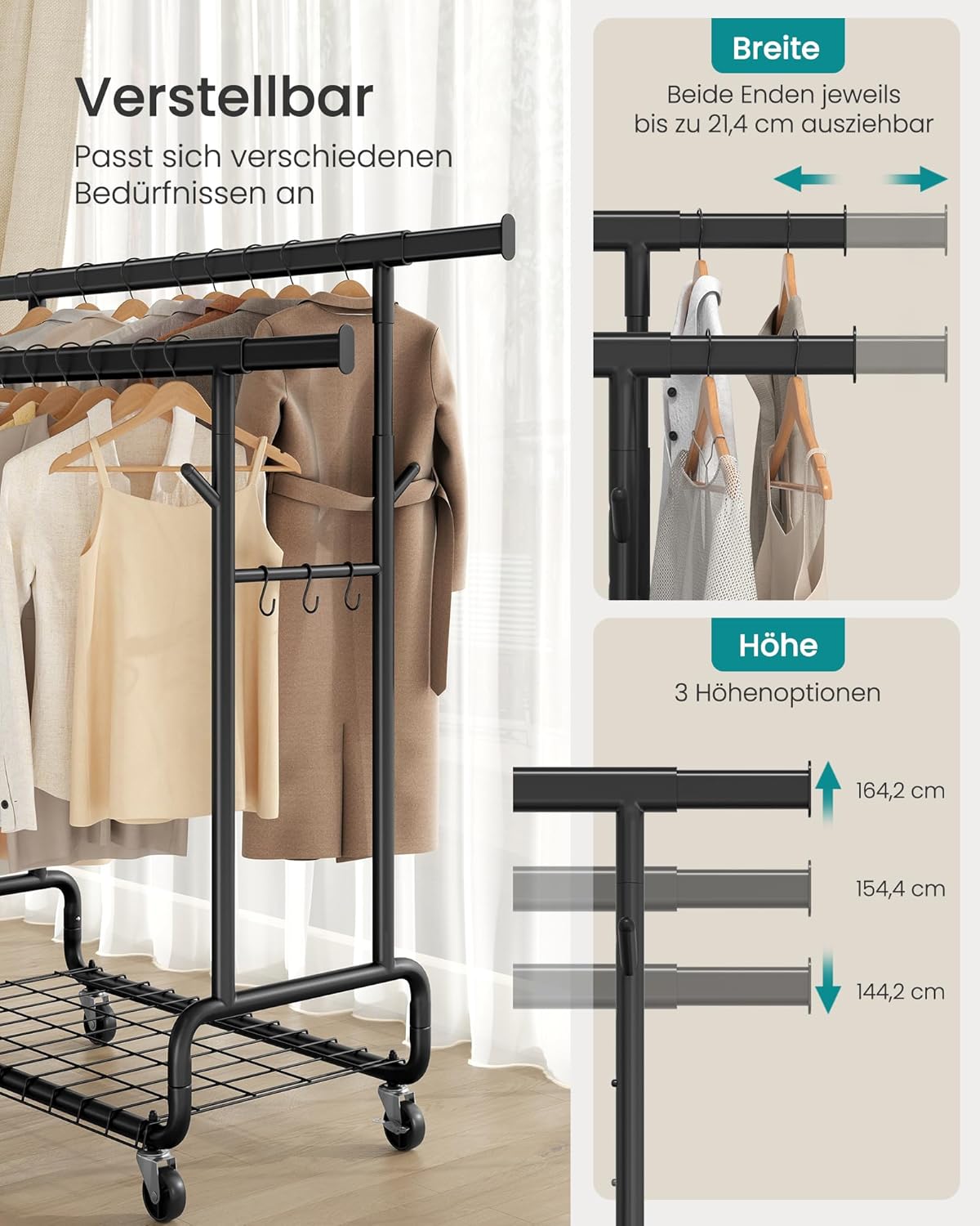 FurnStar – Heavy-Duty Kledingrek op Wielen – Dubbele Kledingstang – Verstelbare Hoogte – Met Plank en Haken– 52,5 x (107–149,8) x (144,2–164,2) cm – Draagvermogen 270 kg