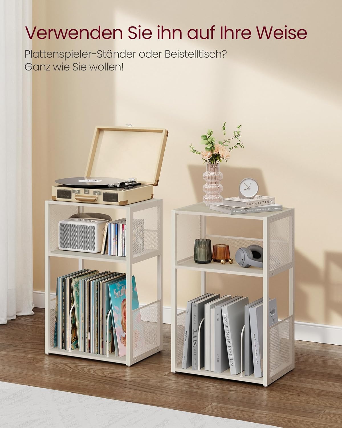 Furnstar Platenspeler Standaard – 3 Etages – Bijzettafel & Opbergrek voor Vinylplaten – Tot 100 LP’s – Voor Woonkamer of Slaapkamer