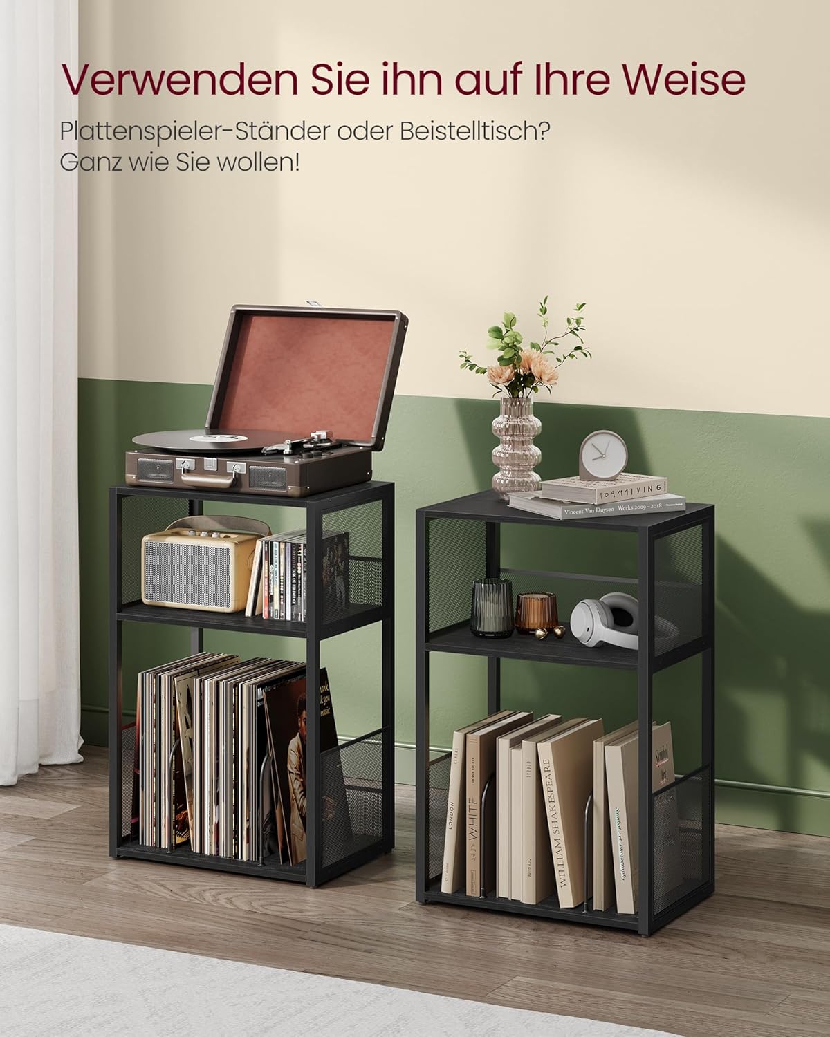 Furnstar Platenspeler Standaard – 3 Etages – Bijzettafel & Opbergrek voor Vinylplaten – Tot 100 LP’s – Voor Woonkamer of Slaapkamer