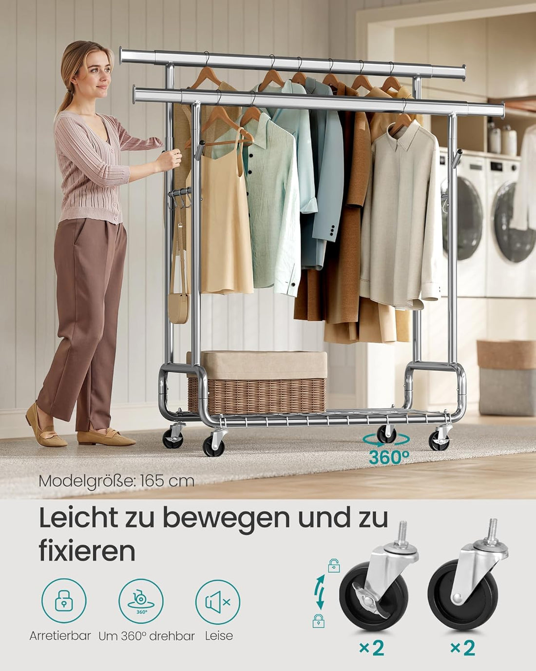 FurnStar – Heavy-Duty Kledingrek op Wielen – Dubbele Kledingstang – Verstelbare Hoogte – Met Plank en Haken– 52,5 x (107–149,8) x (144,2–164,2) cm – Draagvermogen 270 kg