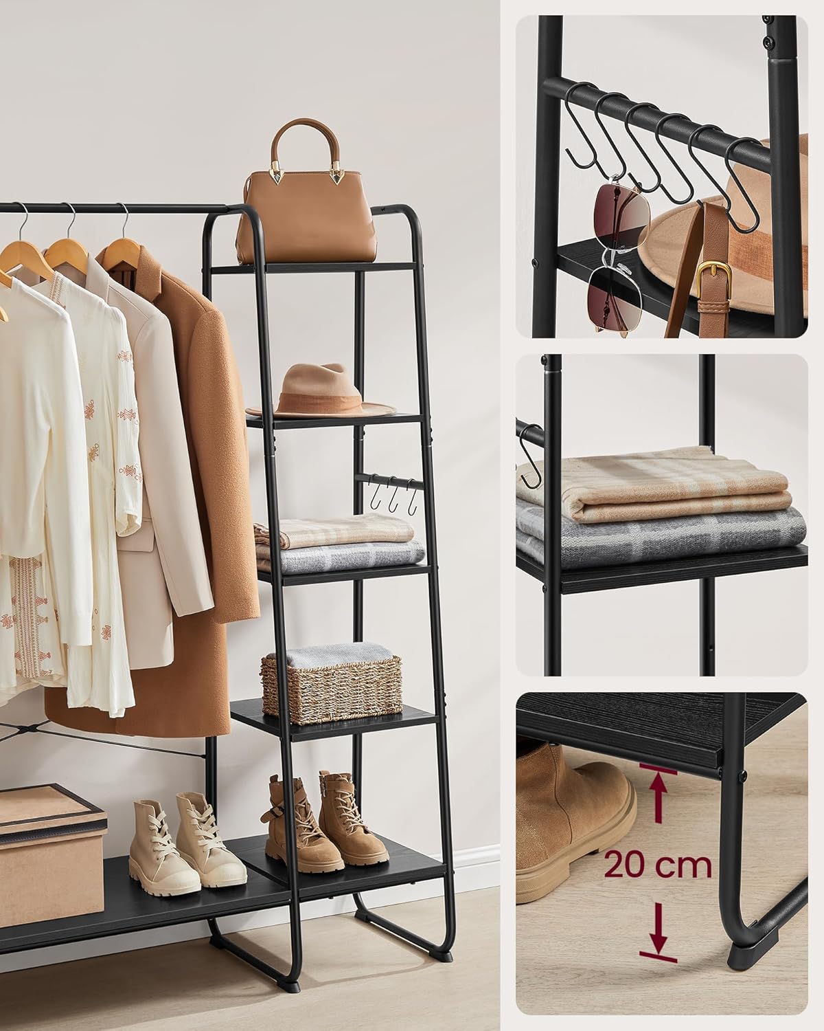 FurnStar Kledingrek met Kapstok – Open Kledingkast – 5 Planken – 6 S-haken – Kledingroede – Schoenenrek – 45 x 120 x 160 cm – Voor Slaapkamer & Hal