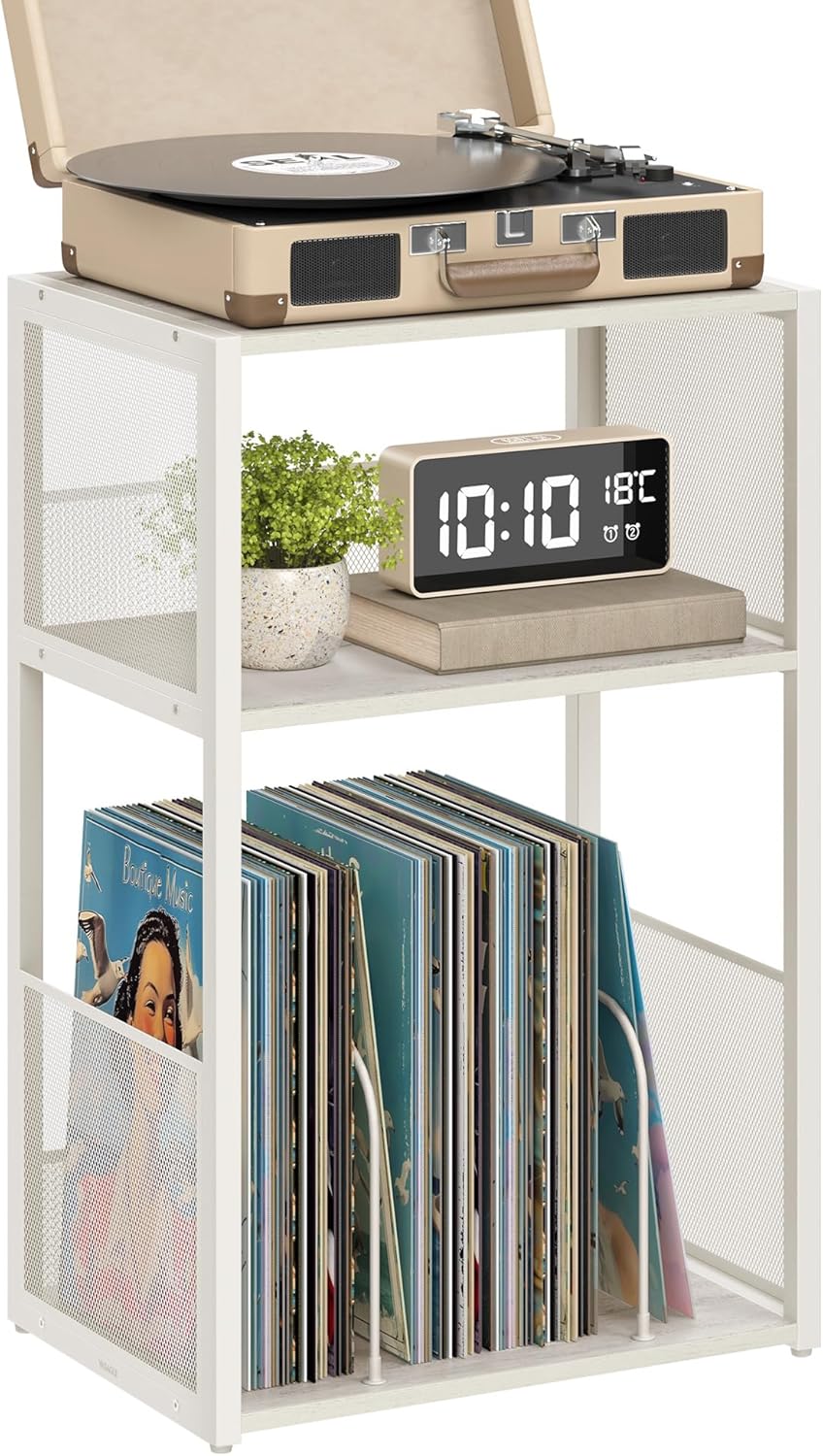 Furnstar Platenspeler Standaard – 3 Etages – Bijzettafel & Opbergrek voor Vinylplaten – Tot 100 LP’s – Voor Woonkamer of Slaapkamer