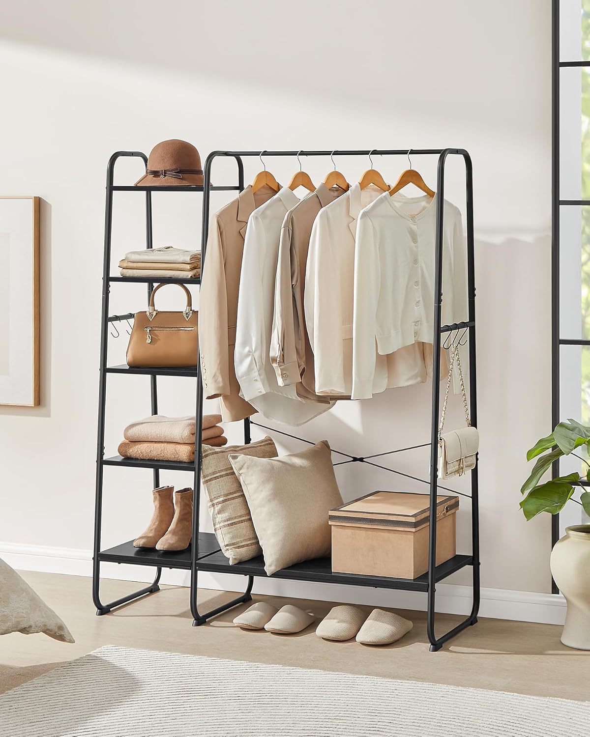 FurnStar Kledingrek met Kapstok – Open Kledingkast – 5 Planken – 6 S-haken – Kledingroede – Schoenenrek – 45 x 120 x 160 cm – Voor Slaapkamer & Hal