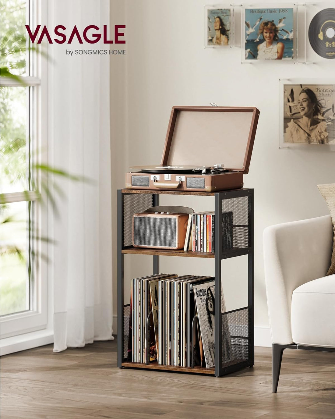 Furnstar Platenspeler Standaard – 3 Etages – Bijzettafel & Opbergrek voor Vinylplaten – Tot 100 LP’s – Voor Woonkamer of Slaapkamer
