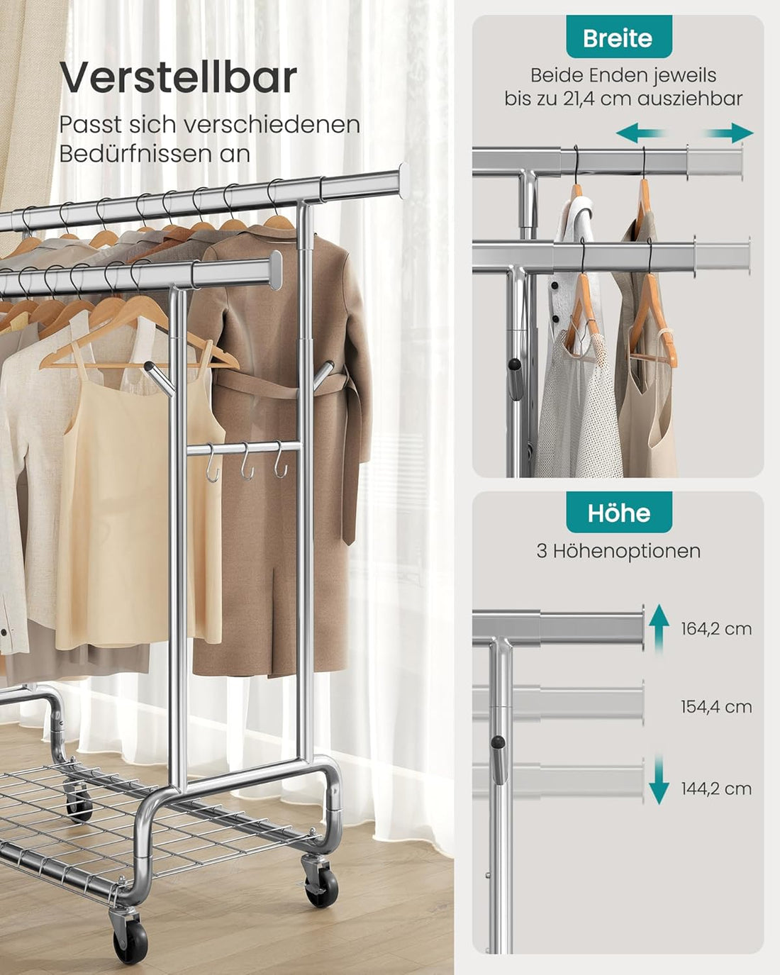 FurnStar – Heavy-Duty Kledingrek op Wielen – Dubbele Kledingstang – Verstelbare Hoogte – Met Plank en Haken– 52,5 x (107–149,8) x (144,2–164,2) cm – Draagvermogen 270 kg