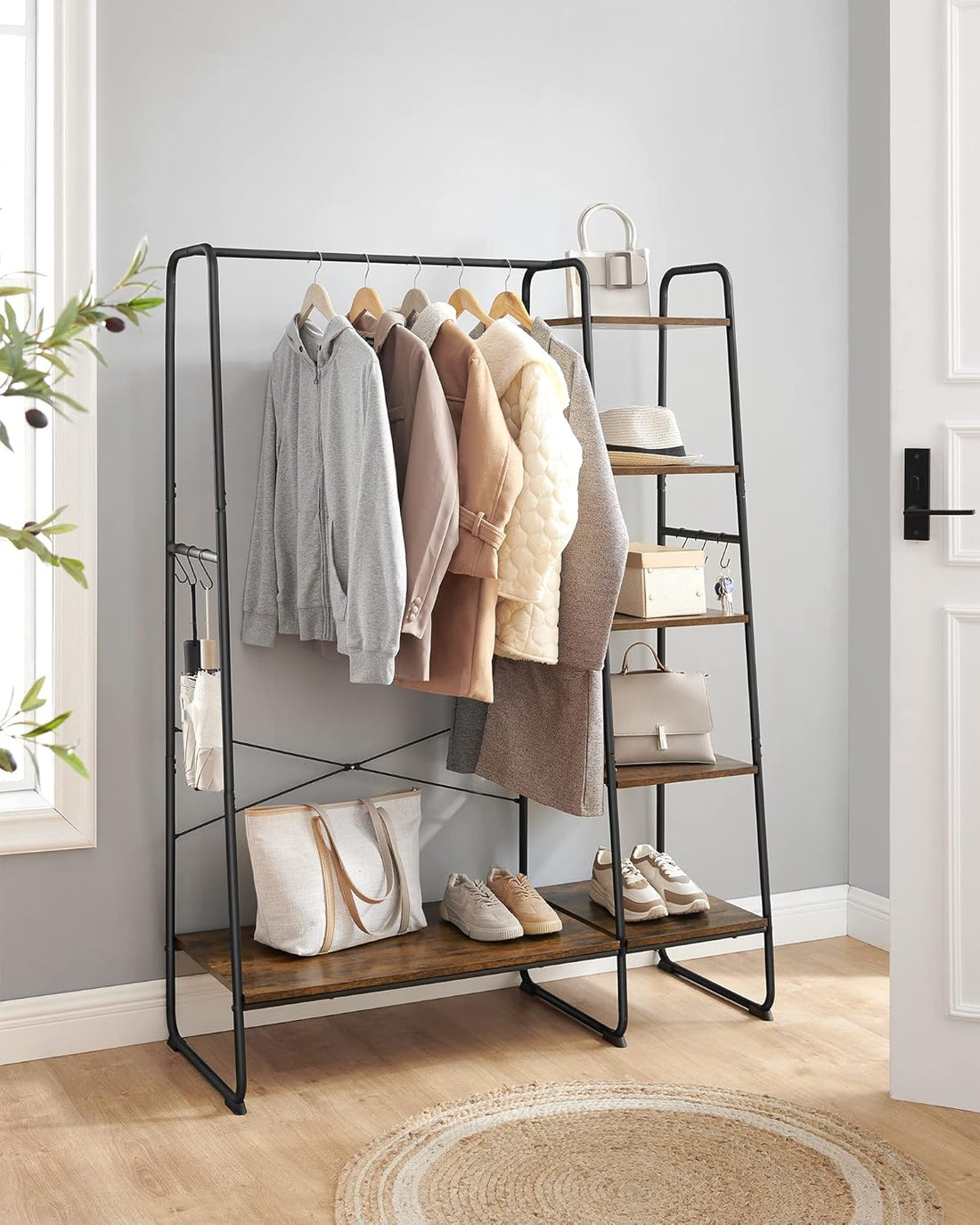 FurnStar Kledingrek met Kapstok – Open Kledingkast – 5 Planken – 6 S-haken – Kledingroede – Schoenenrek – 45 x 120 x 160 cm – Voor Slaapkamer & Hal