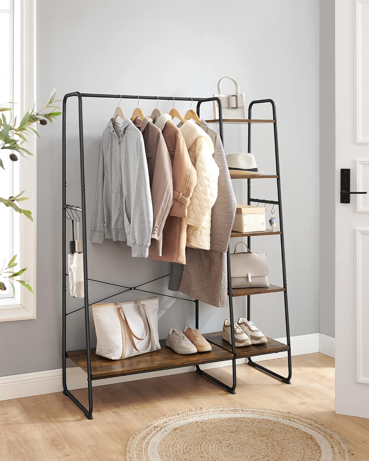 FurnStar Kledingrek met Kapstok – Open Kledingkast – 5 Planken – 6 S-haken – Kledingroede – Schoenenrek – 45 x 120 x 160 cm – Voor Slaapkamer & Hal