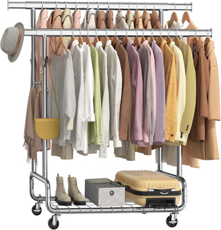 FurnStar – Heavy-Duty Kledingrek op Wielen – Dubbele Kledingstang – Verstelbare Hoogte – Met Plank en Haken– 52,5 x (107–149,8) x (144,2–164,2) cm – Draagvermogen 270 kg