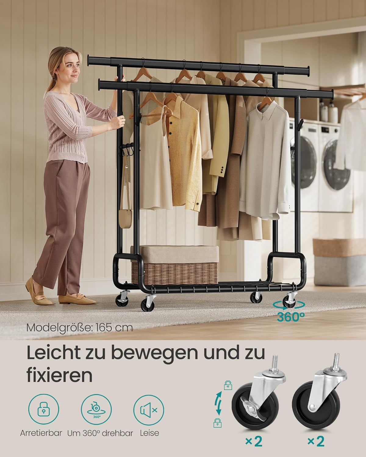 FurnStar – Heavy-Duty Kledingrek op Wielen – Dubbele Kledingstang – Verstelbare Hoogte – Met Plank en Haken– 52,5 x (107–149,8) x (144,2–164,2) cm – Draagvermogen 270 kg
