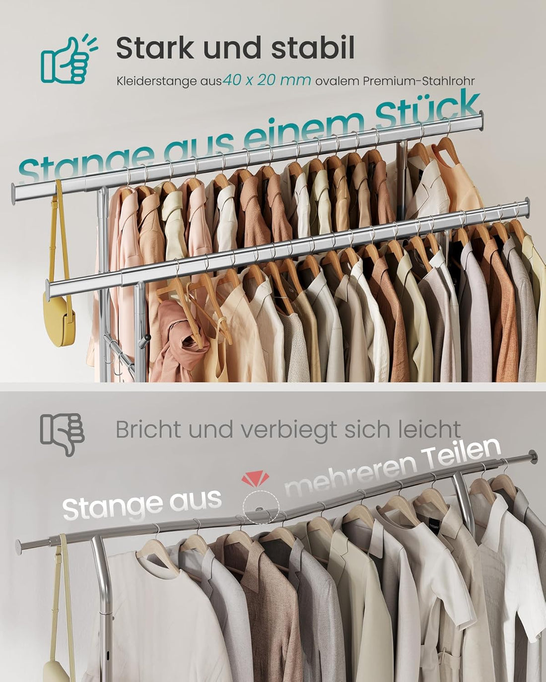 FurnStar – Heavy-Duty Kledingrek op Wielen – Dubbele Kledingstang – Verstelbare Hoogte – Met Plank en Haken– 52,5 x (107–149,8) x (144,2–164,2) cm – Draagvermogen 270 kg