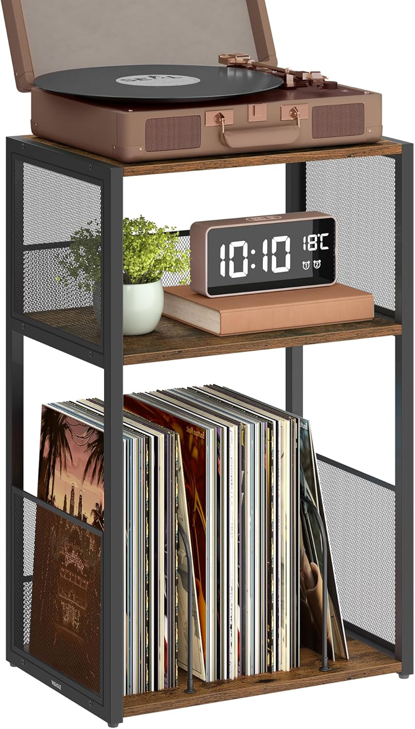 Furnstar Platenspeler Standaard – 3 Etages – Bijzettafel & Opbergrek voor Vinylplaten – Tot 100 LP’s – Voor Woonkamer of Slaapkamer