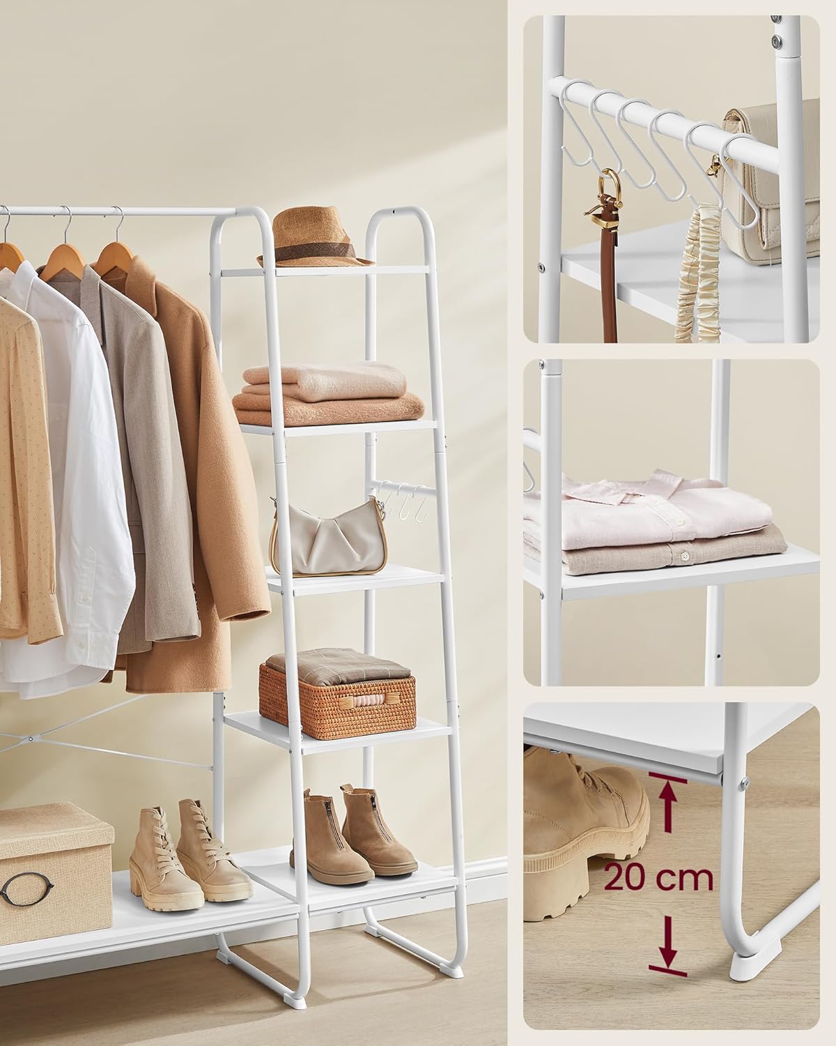 FurnStar Kledingrek met Kapstok – Open Kledingkast – 5 Planken – 6 S-haken – Kledingroede – Schoenenrek – 45 x 120 x 160 cm – Voor Slaapkamer & Hal